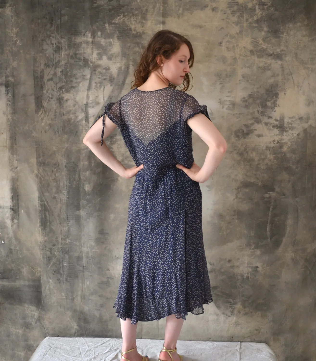 1920s / 1930s Navy Sheer Silk Print Dress