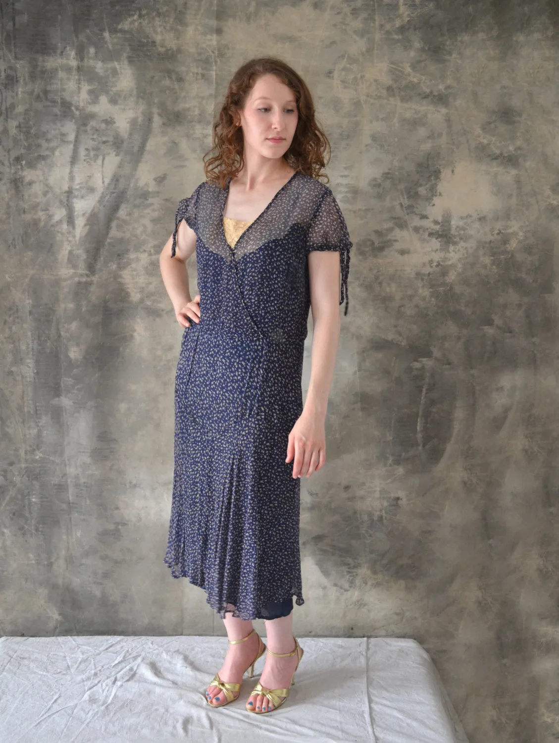 1920s / 1930s Navy Sheer Silk Print Dress