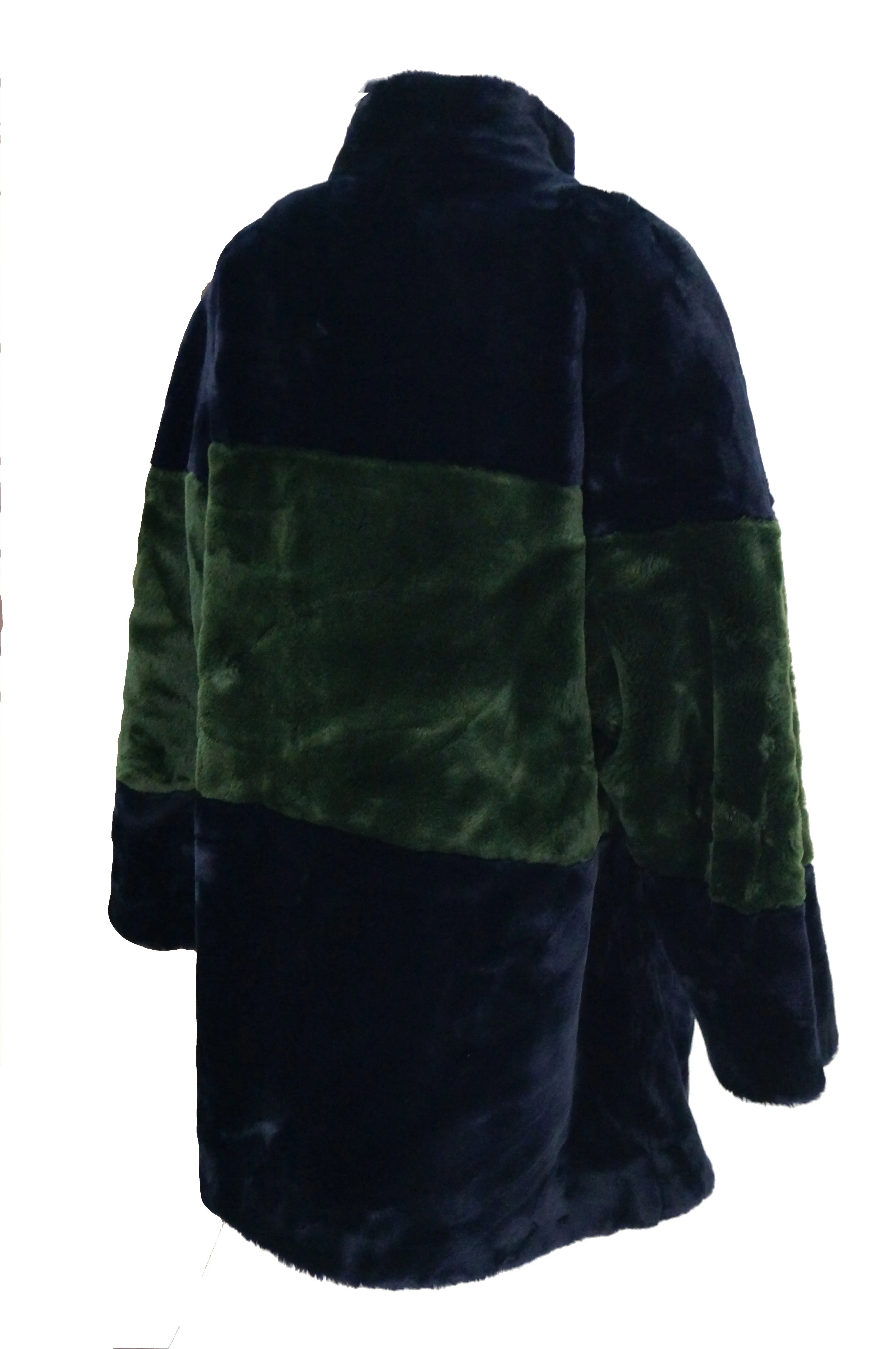 1980s Bill Blass Green and Black Colorblock Faux Sheared Mink Coat - XL