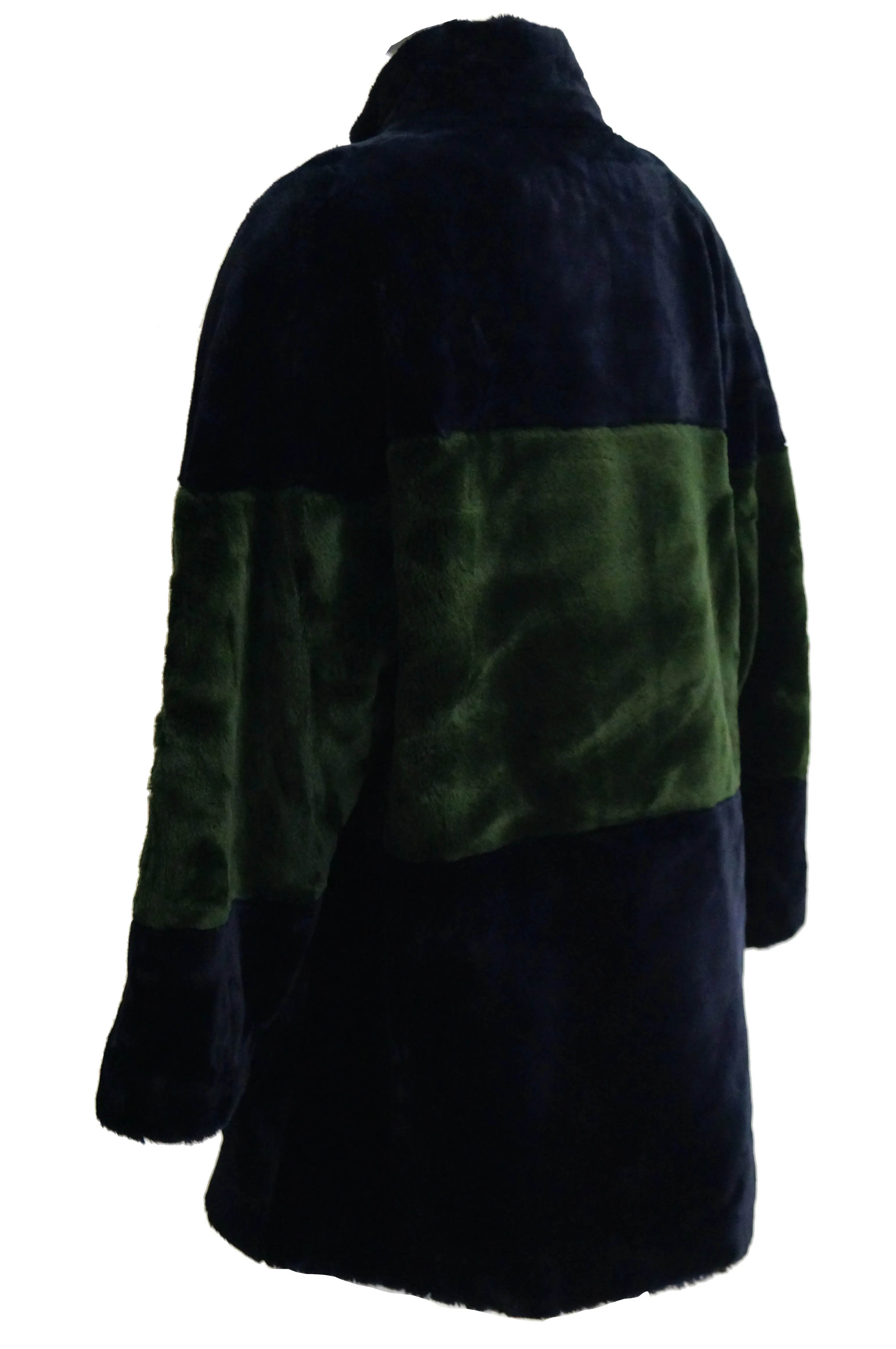 1980s Bill Blass Green and Black Colorblock Faux Sheared Mink Coat - XL