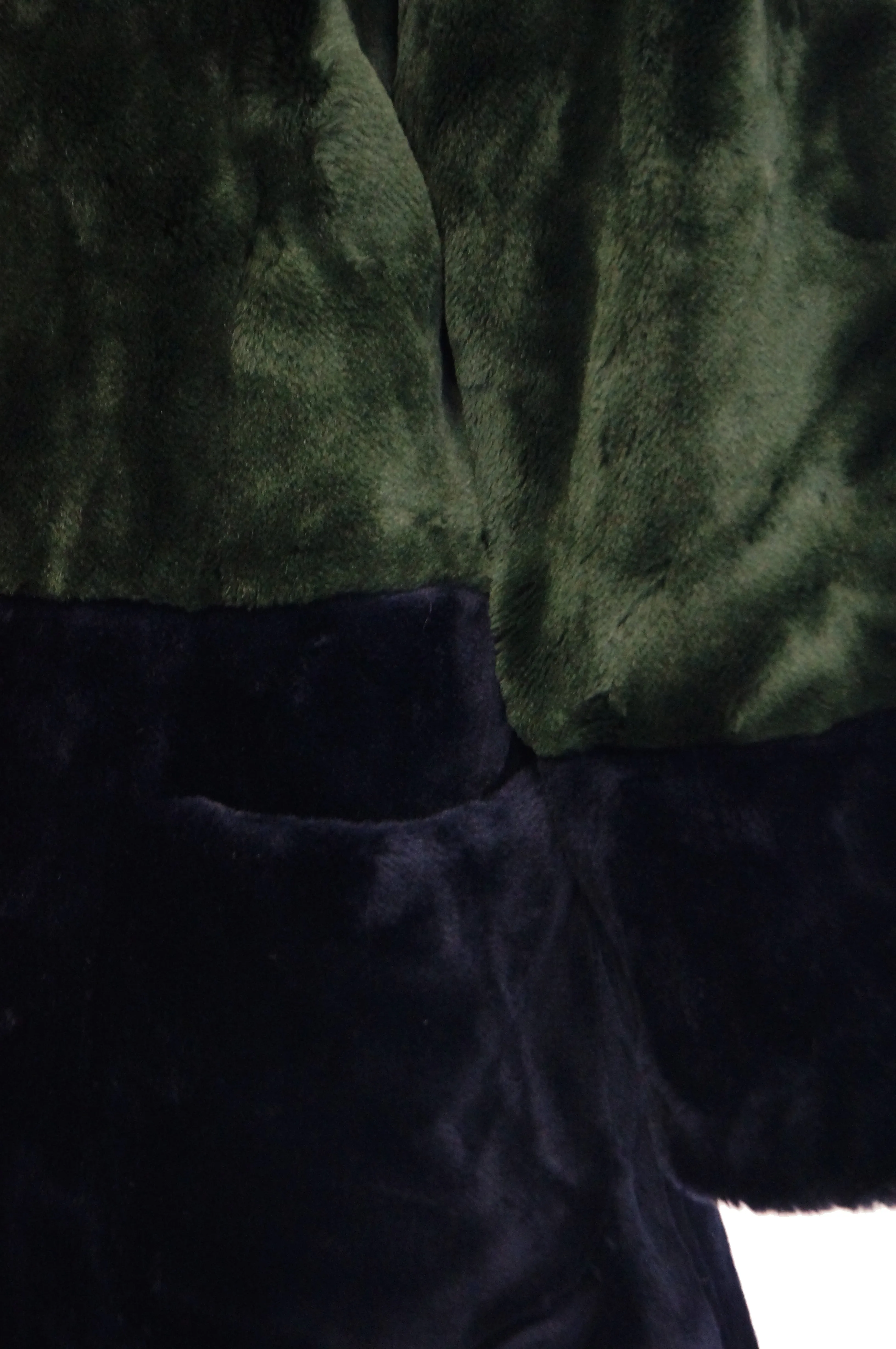 1980s Bill Blass Green and Black Colorblock Faux Sheared Mink Coat - XL