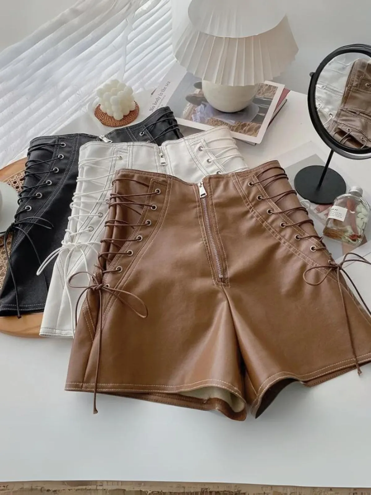 A Little Sassy Vegan Leather Lace-Up Shorts