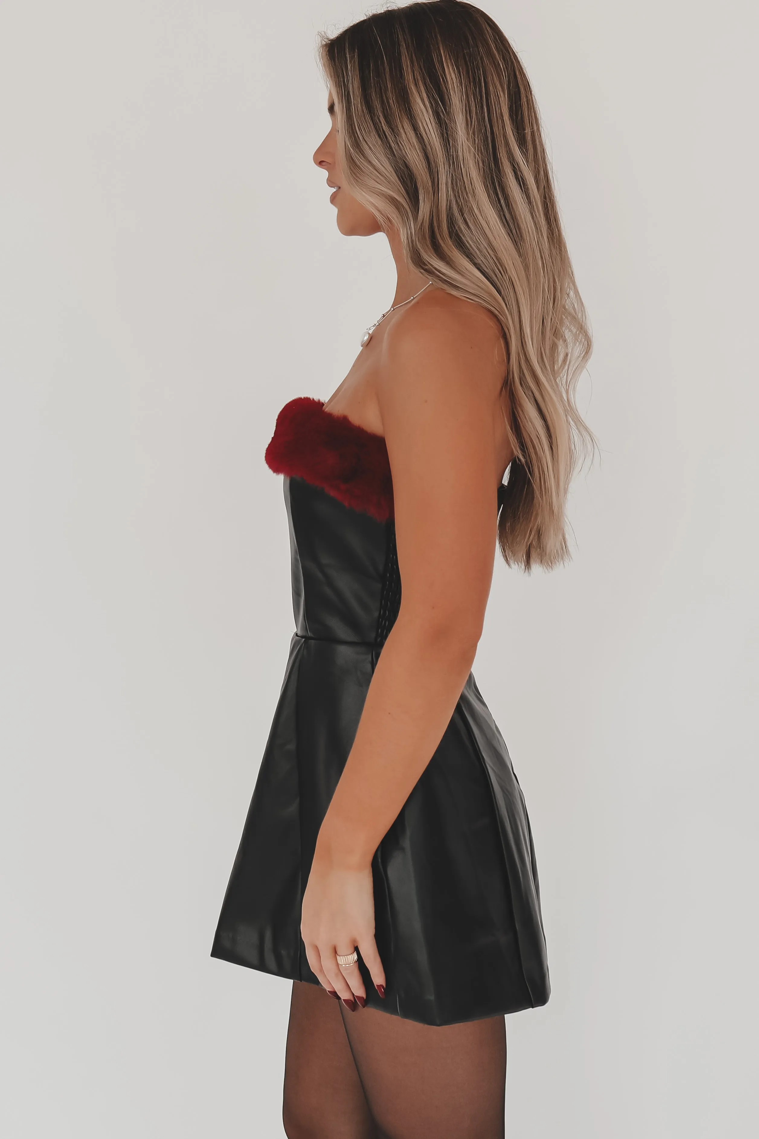 Baby It's Cold Outside Black Leather Burgundy Fur Trim Romper Dress