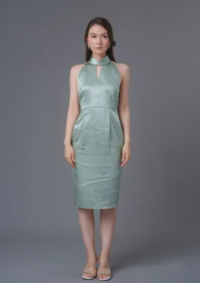 Bamboo Print Halter Qipao (Sage Green)