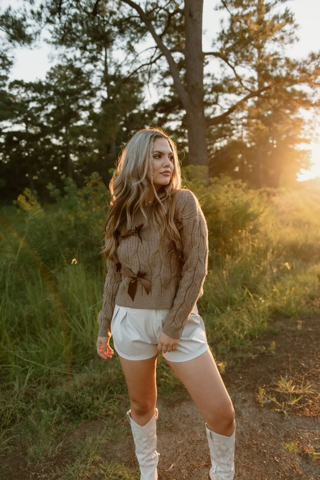 Beige Double Pleated Leather Shorts