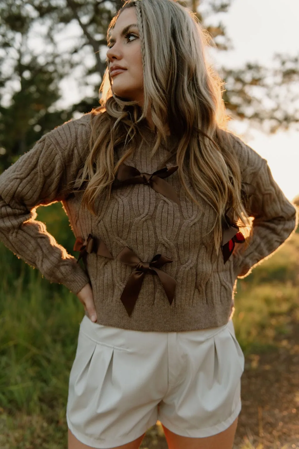 Beige Double Pleated Leather Shorts