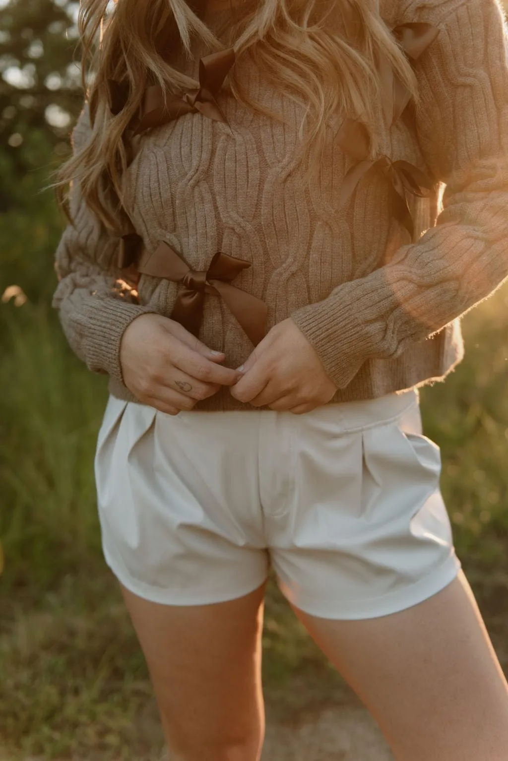 Beige Double Pleated Leather Shorts