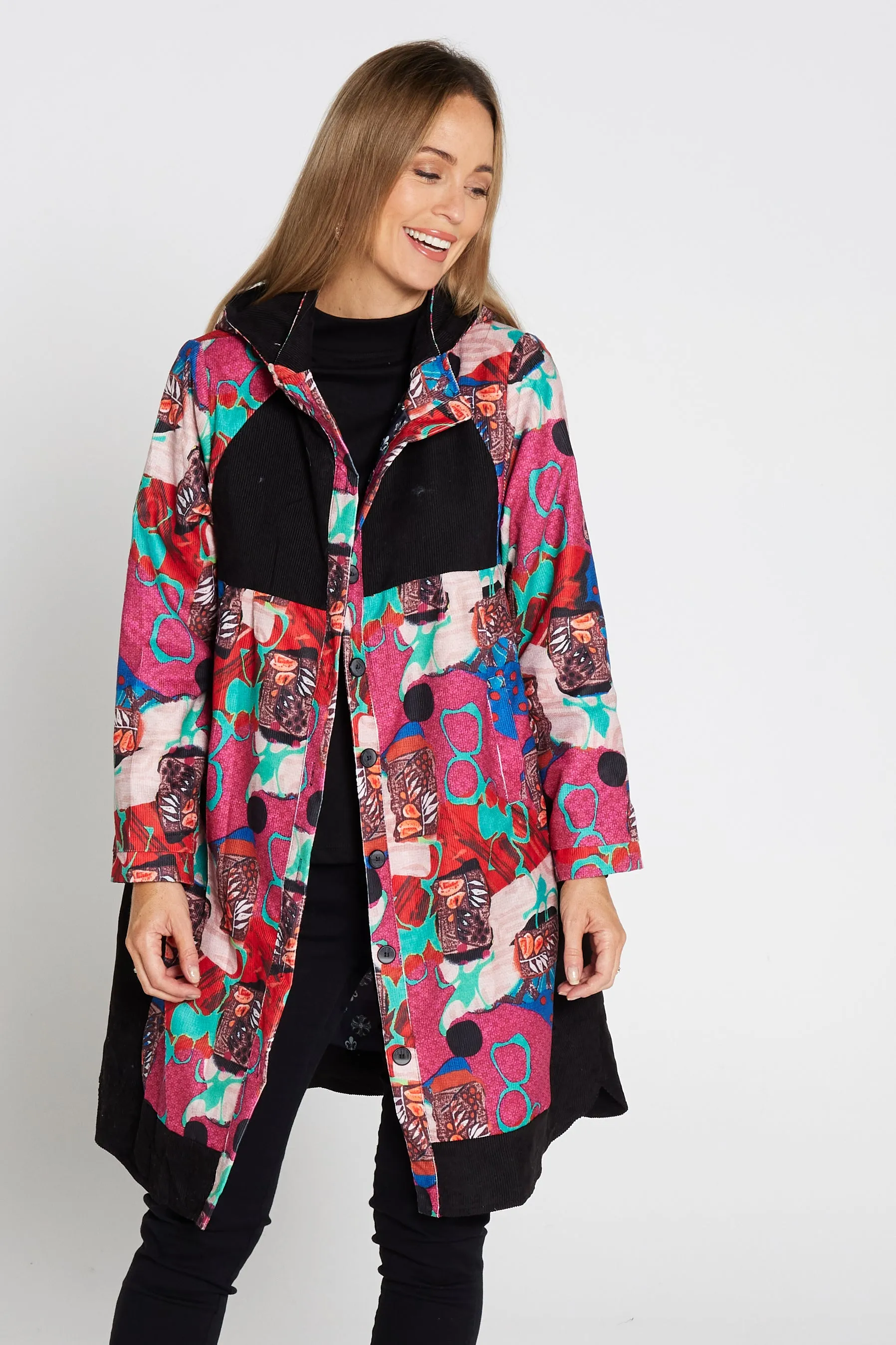 Bicheno Corduroy Coat - Pink Abstract