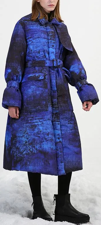 Blue & Black Abstract-Scenic Two-Toned Down-Fill Coat