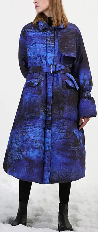 Blue & Black Abstract-Scenic Two-Toned Down-Fill Coat