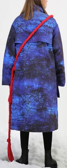 Blue & Black Abstract-Scenic Two-Toned Down-Fill Coat