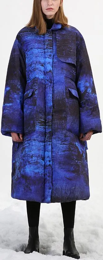 Blue & Black Abstract-Scenic Two-Toned Down-Fill Coat