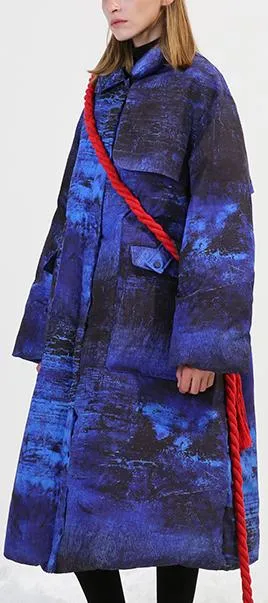 Blue & Black Abstract-Scenic Two-Toned Down-Fill Coat