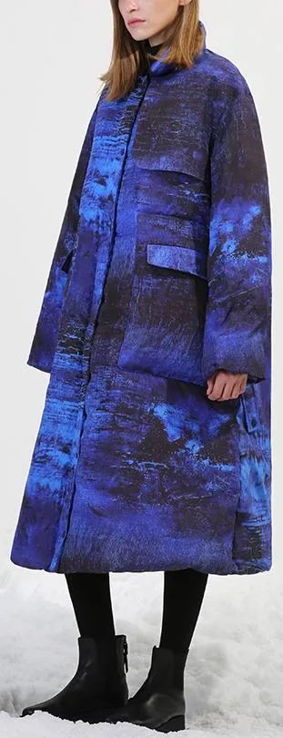 Blue & Black Abstract-Scenic Two-Toned Down-Fill Coat