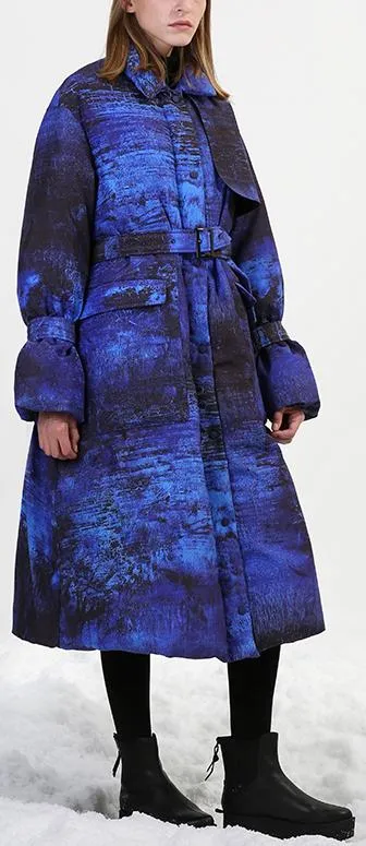 Blue & Black Abstract-Scenic Two-Toned Down-Fill Coat