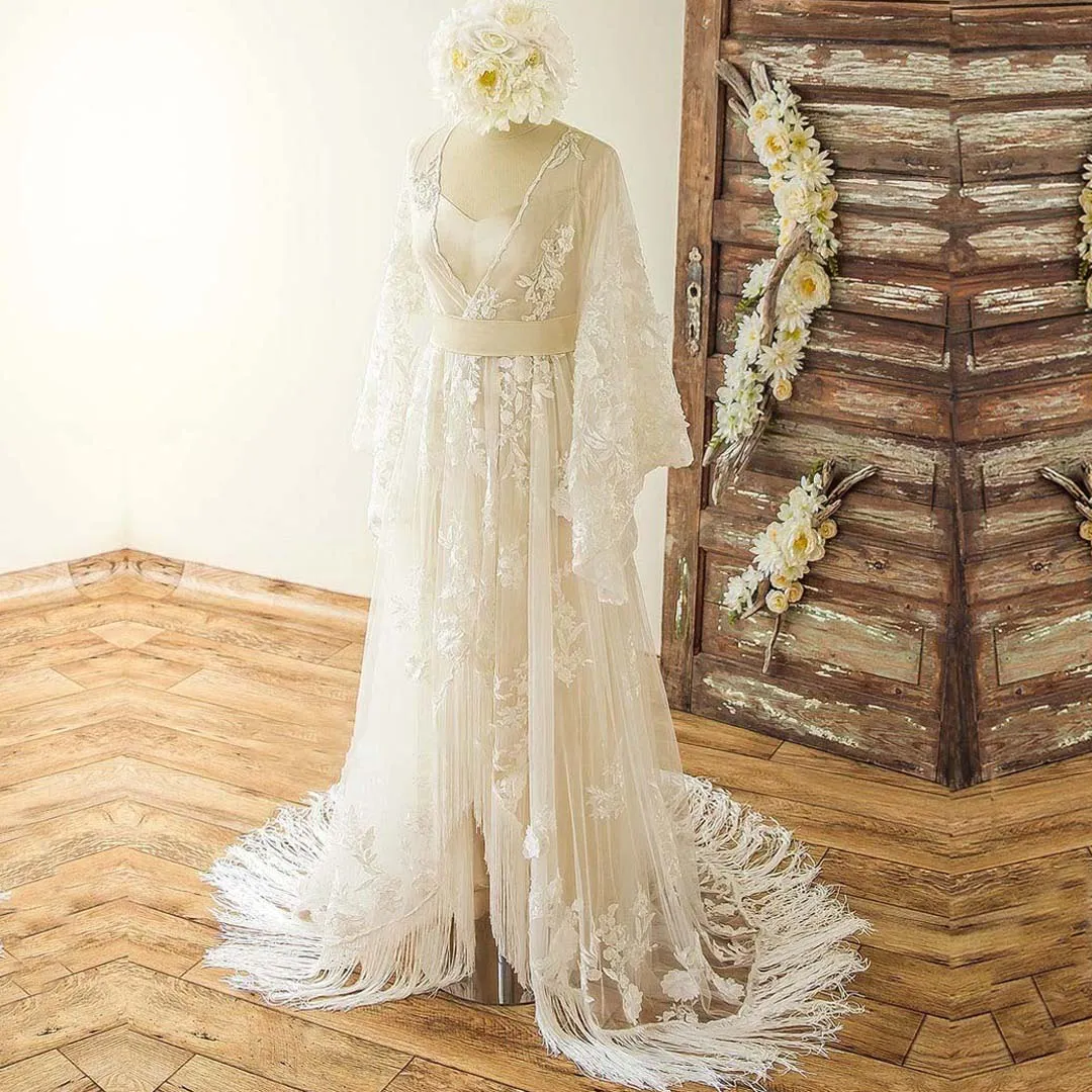 Boho Lace Flutter Sleeves Wholesale Satin A-line Bridal Dress Ensemble