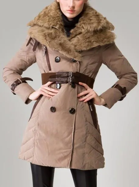 Buckled Sheep-Fur-Collar Double Breasted Down Coat in Khaki