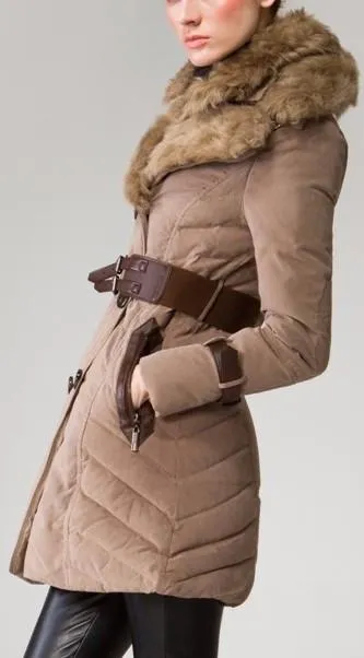 Buckled Sheep-Fur-Collar Double Breasted Down Coat in Khaki