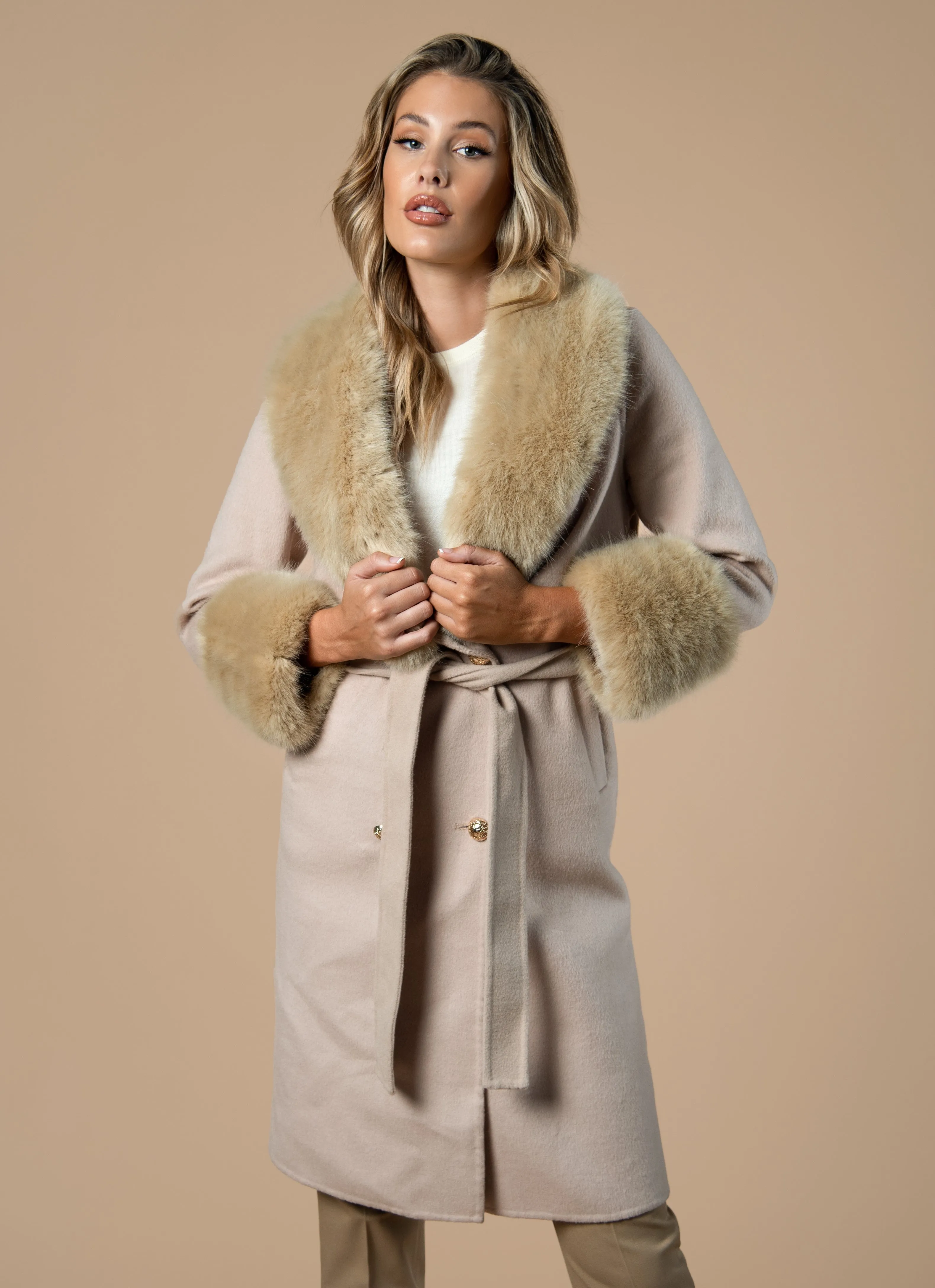 Camel Cashmere Faux Fur Coat