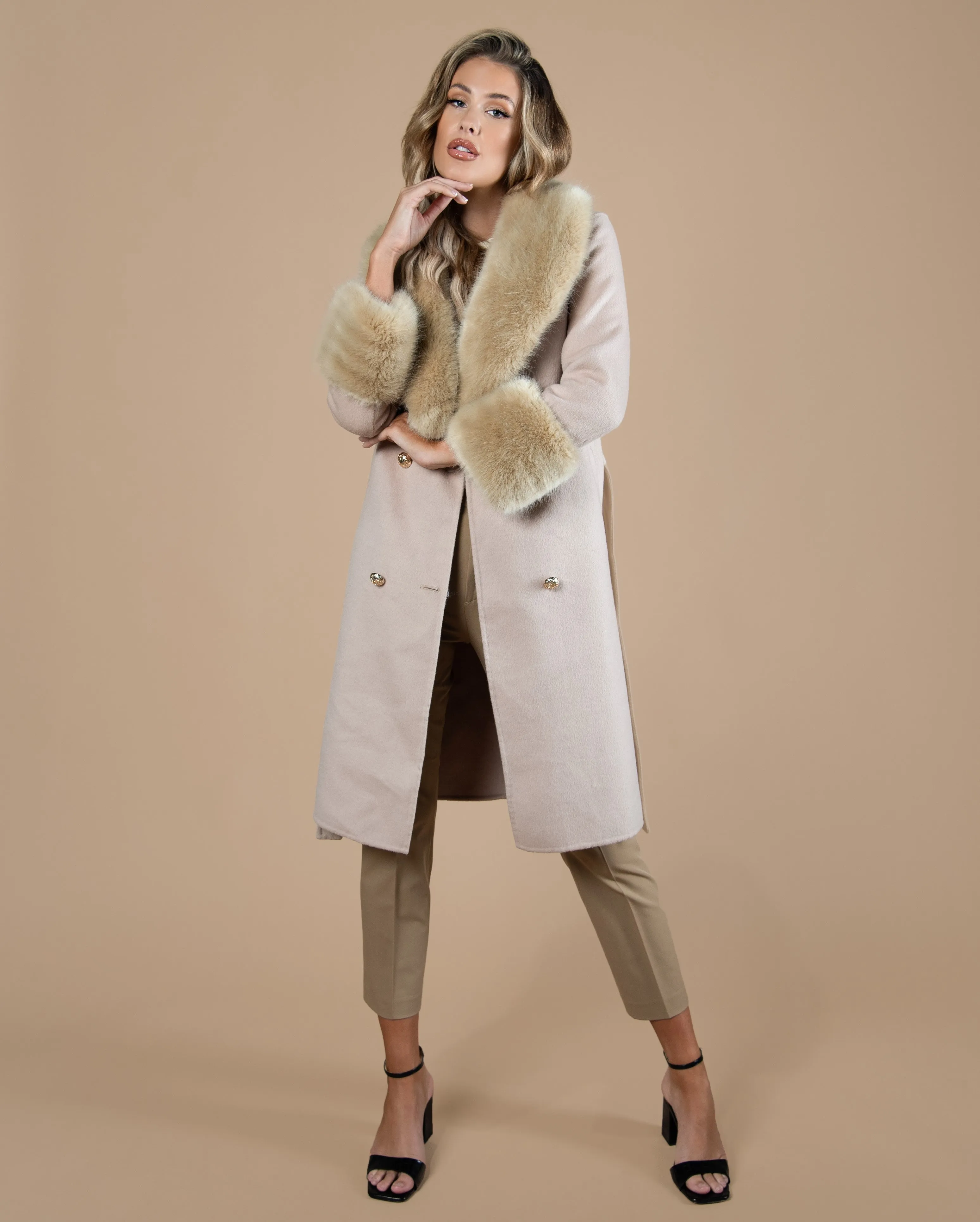 Camel Cashmere Faux Fur Coat