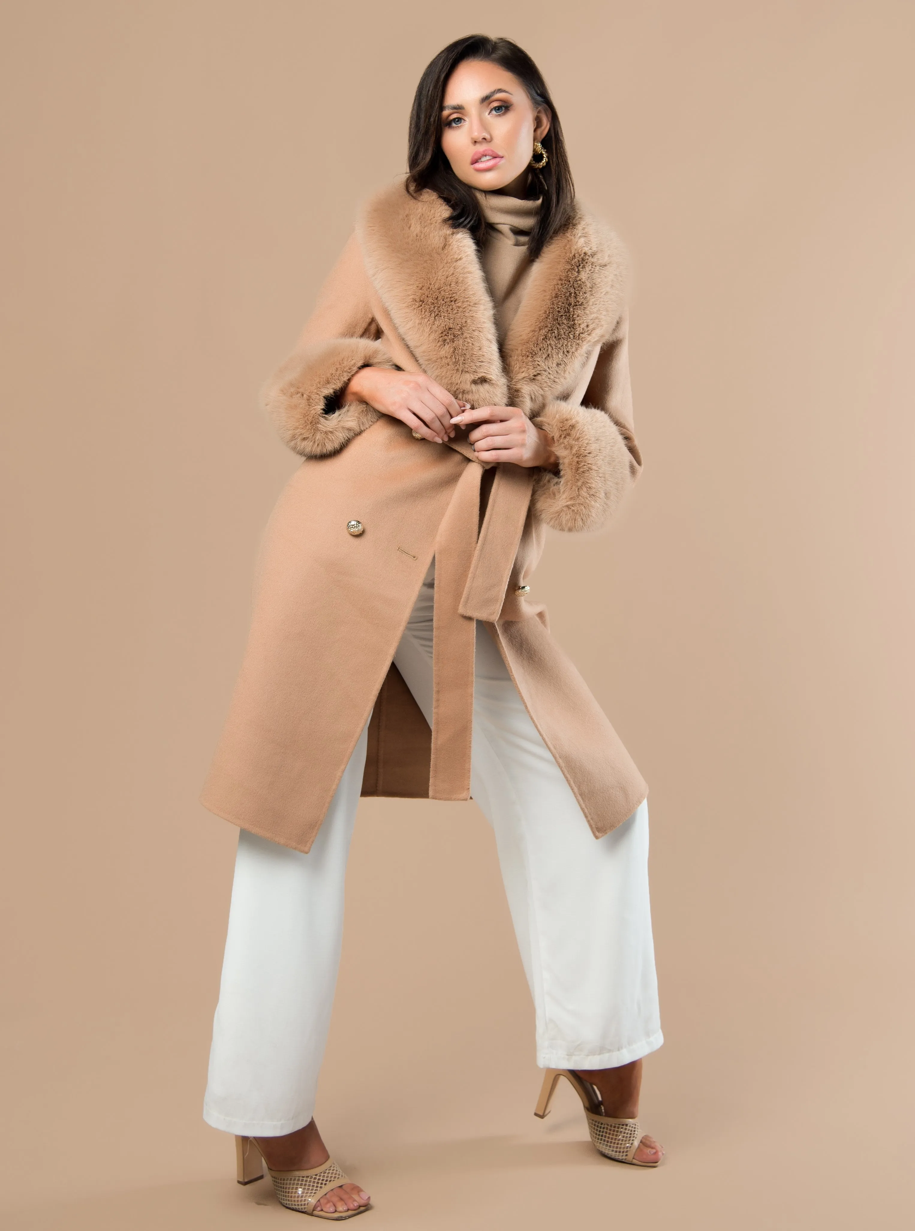 Camel Cashmere Faux Fur Coat