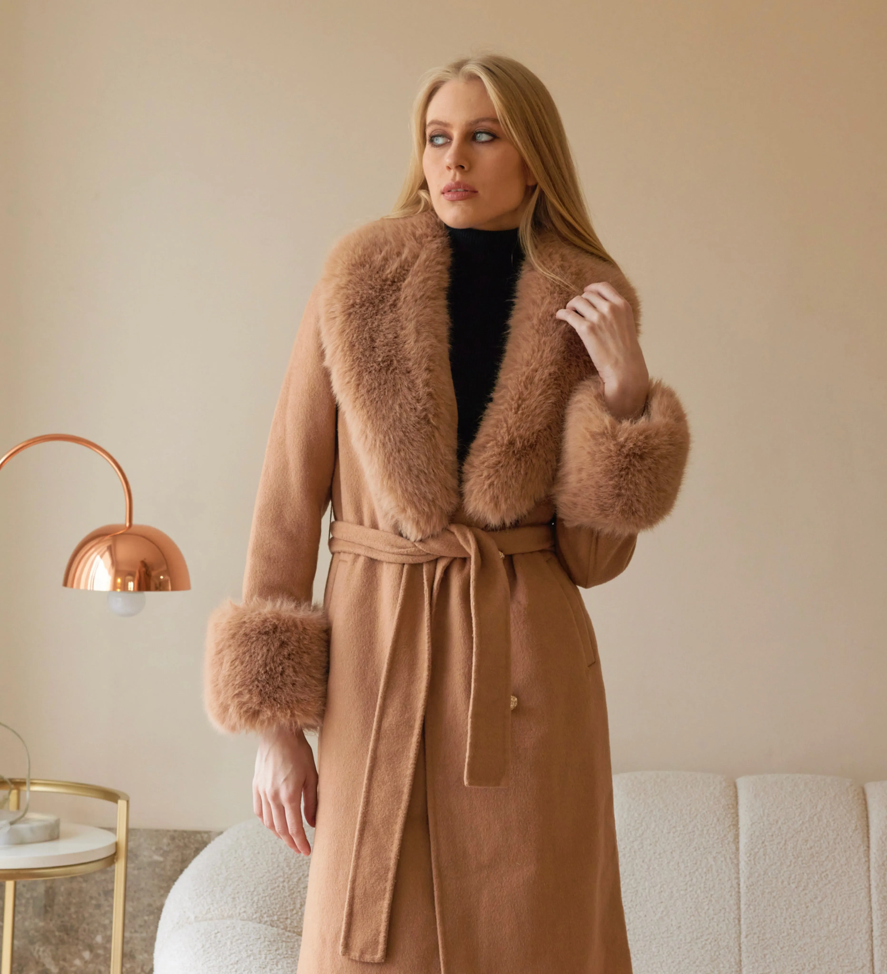 Camel Cashmere Faux Fur Coat