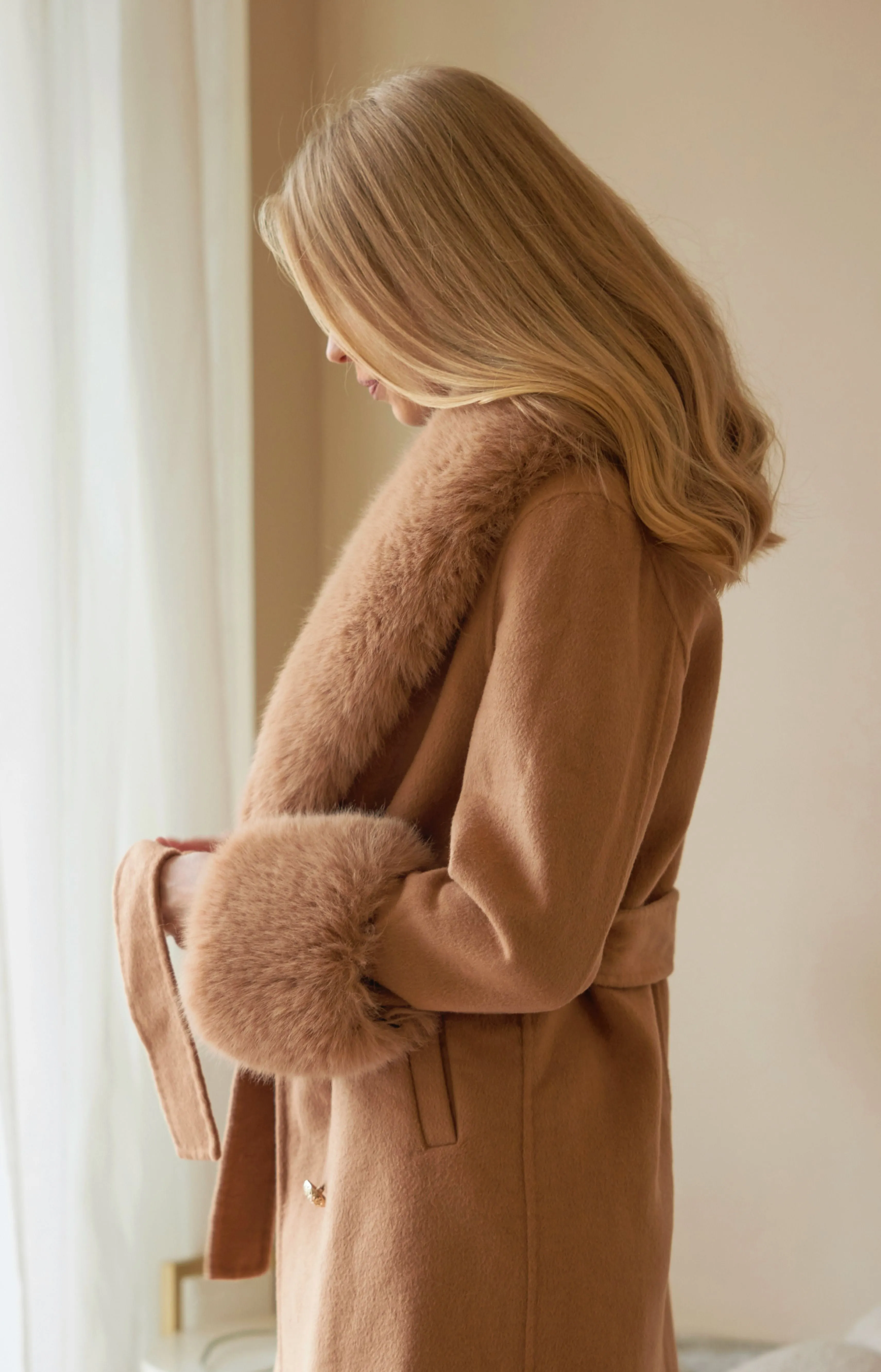 Camel Cashmere Faux Fur Coat