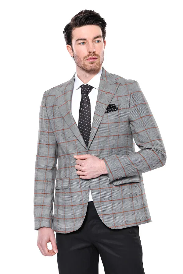 Checked Single Button Slim Fit Grey Men Blazer - Wessi