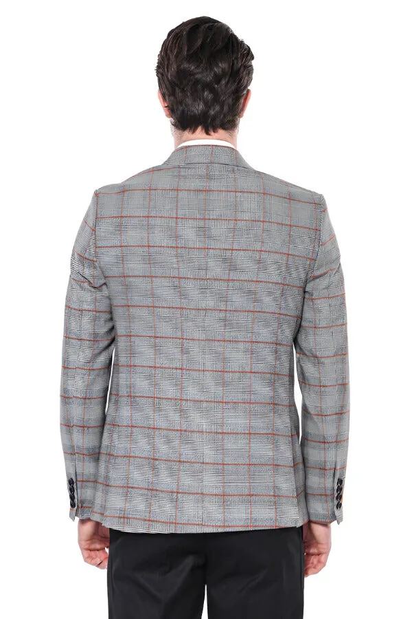 Checked Single Button Slim Fit Grey Men Blazer - Wessi