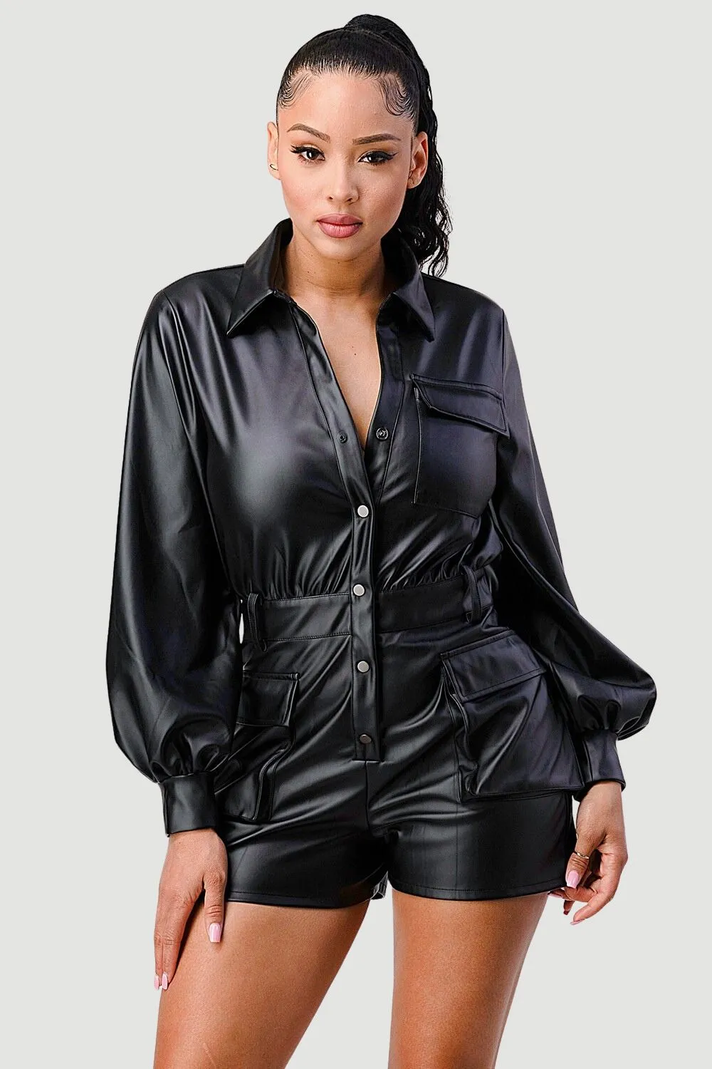 CHIC SUPER STRETCH FAUX LEATHER BUTTON UP ROMPER