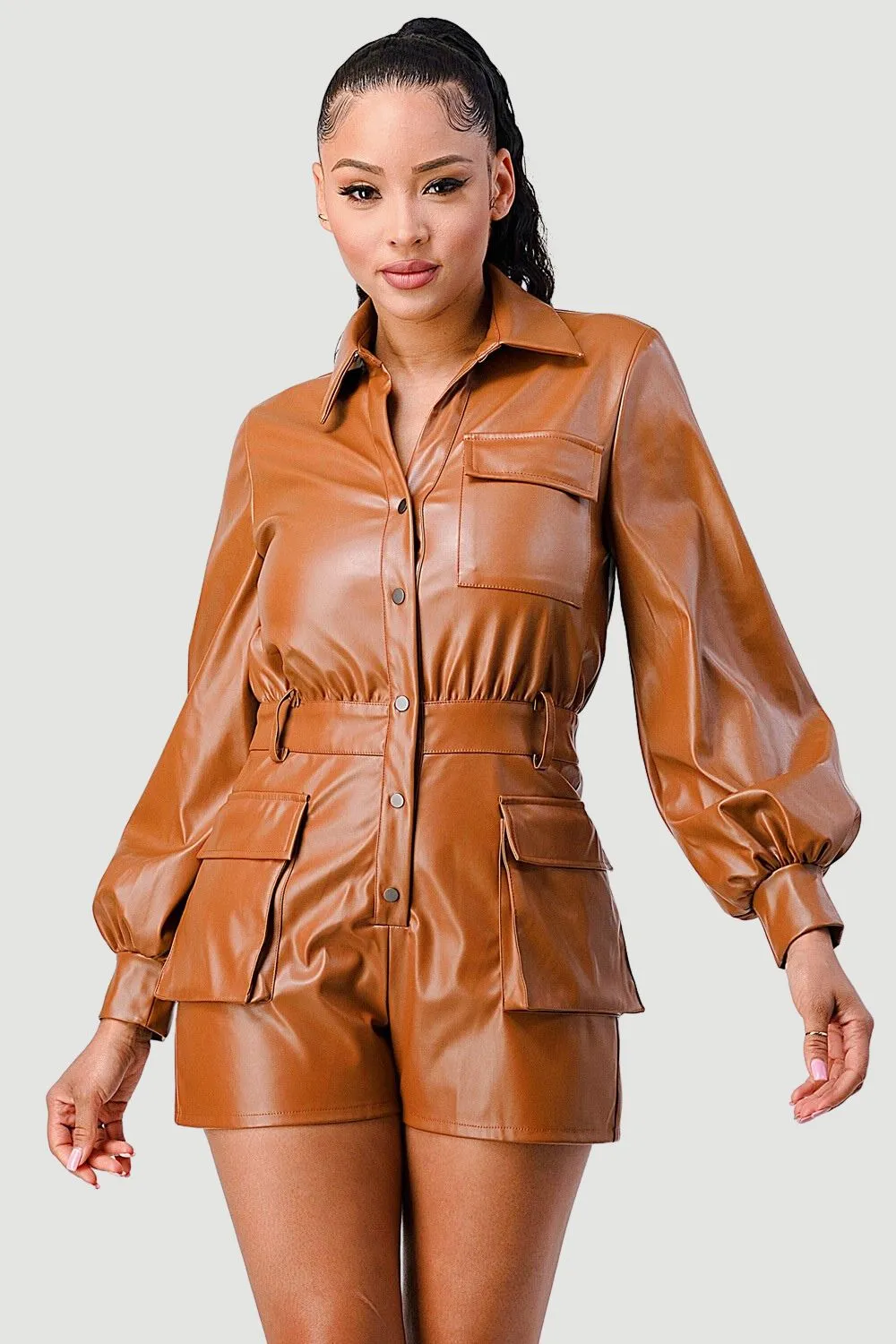 CHIC SUPER STRETCH FAUX LEATHER BUTTON UP ROMPER