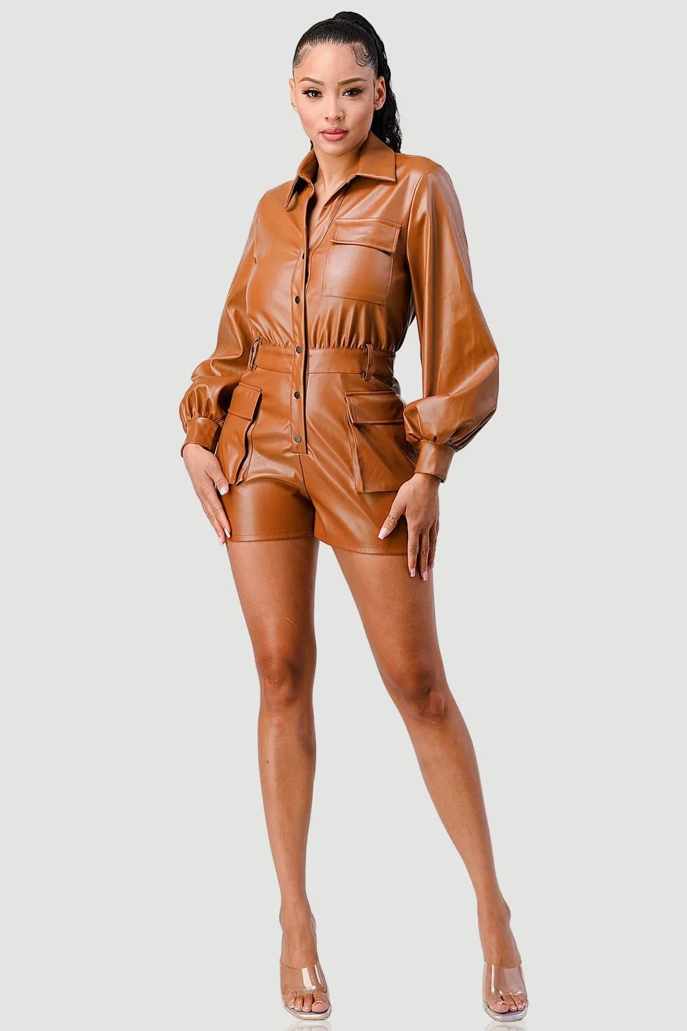 CHIC SUPER STRETCH FAUX LEATHER BUTTON UP ROMPER