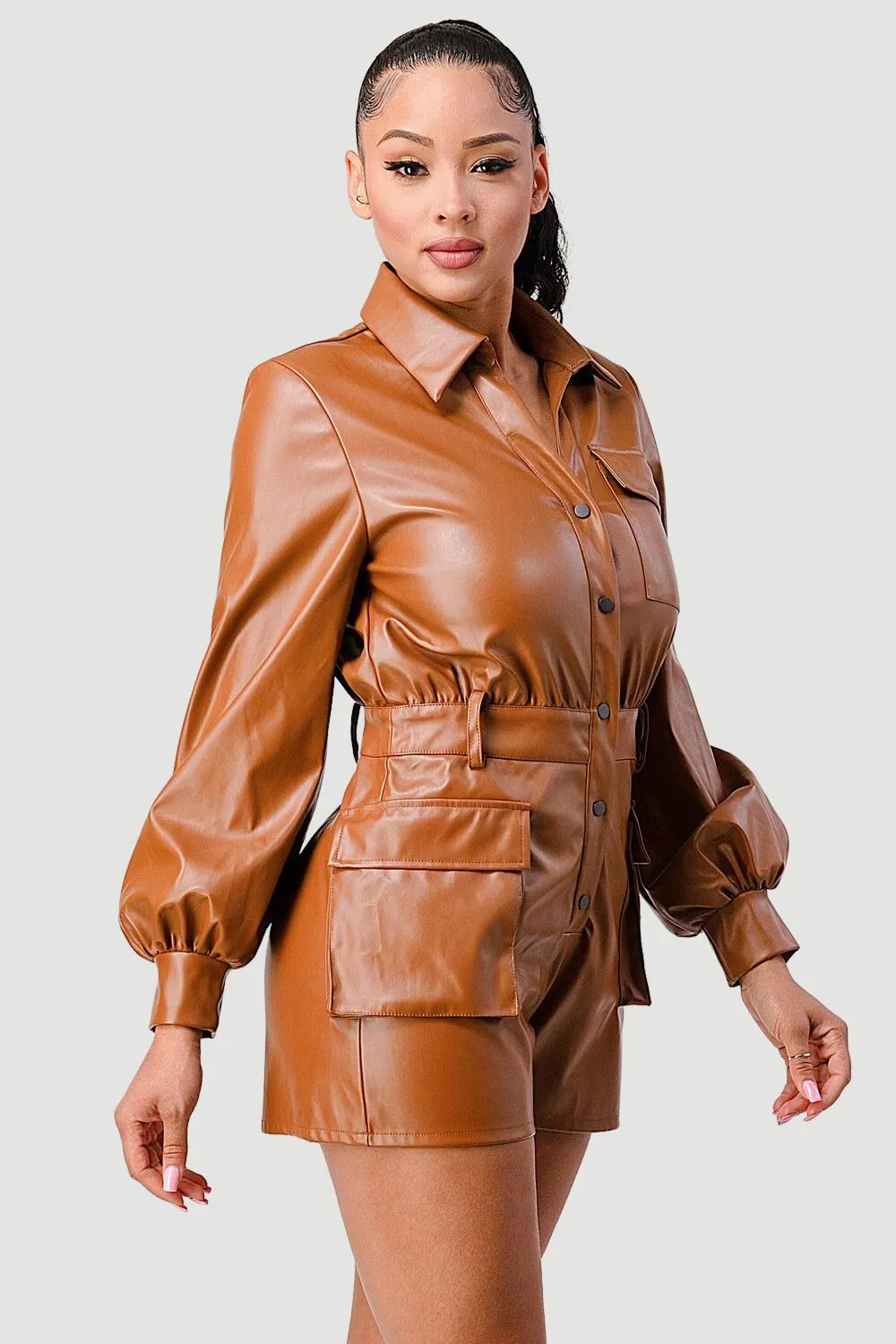 CHIC SUPER STRETCH FAUX LEATHER BUTTON UP ROMPER