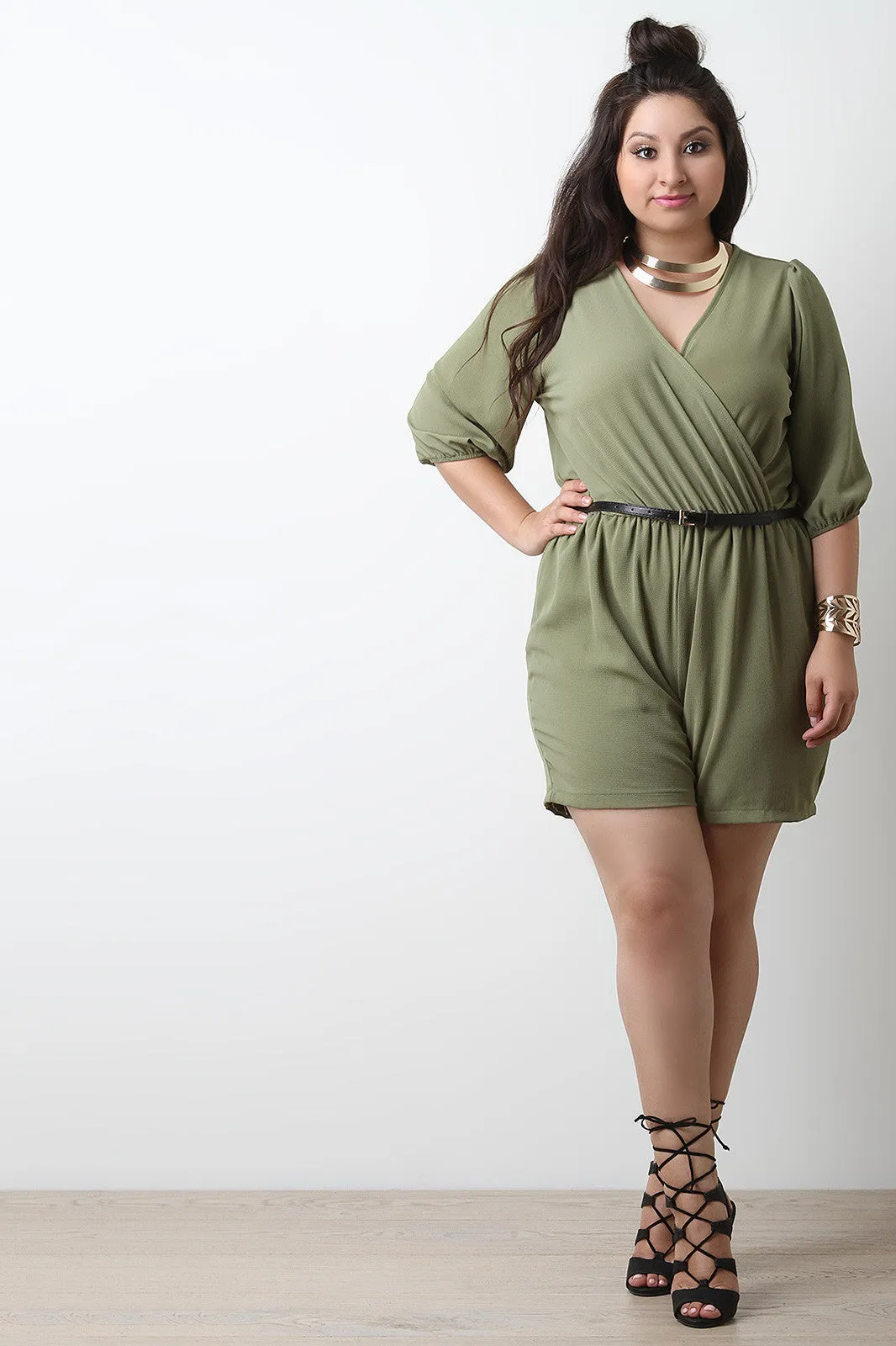 Chiffon Surplice Deep V Belted Romper