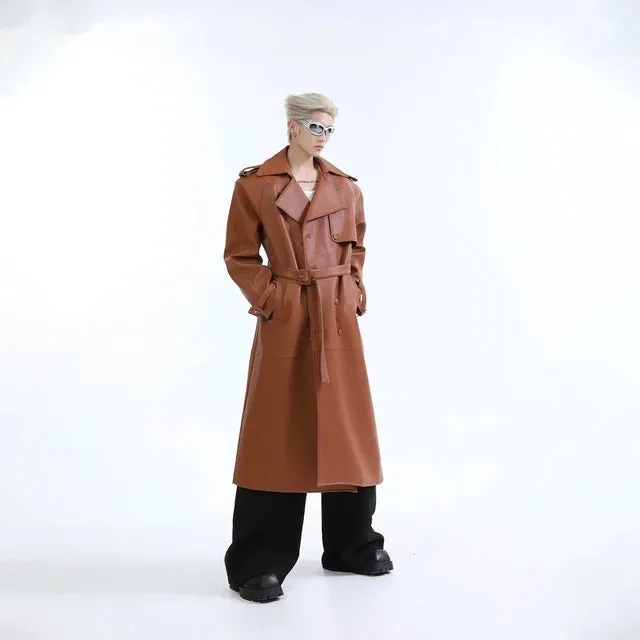 Double Breasted Lapel Leather Belt Coat