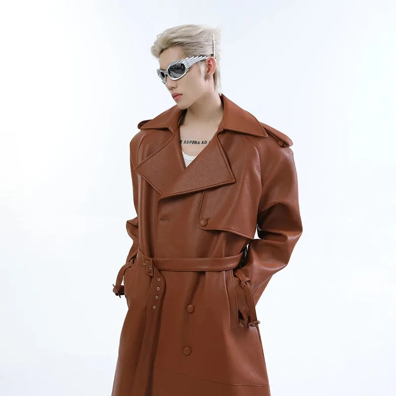 Double Breasted Lapel Leather Belt Coat