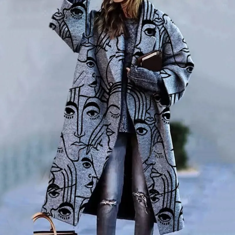 Elegant Lapel Office Lady Outwear Jacket Women Abstract Printed Long Sleeve Overcoat Winter Casual Loose Woolen Coat Streetwear