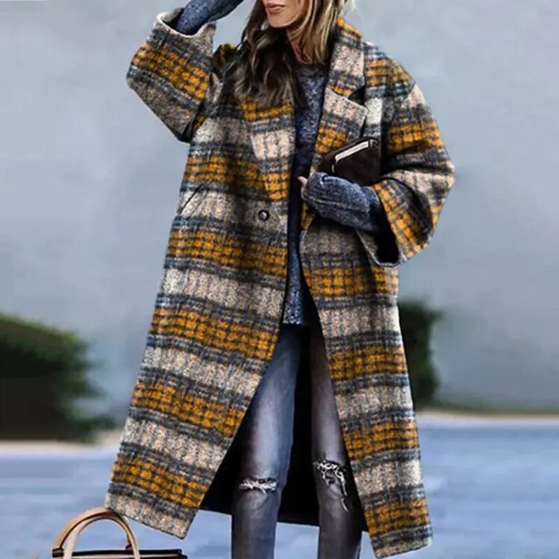 Elegant Lapel Office Lady Outwear Jacket Women Abstract Printed Long Sleeve Overcoat Winter Casual Loose Woolen Coat Streetwear