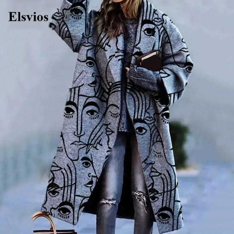 Elegant Lapel Office Lady Outwear Jacket Women Abstract Printed Long Sleeve Overcoat Winter Casual Loose Woolen Coat Streetwear