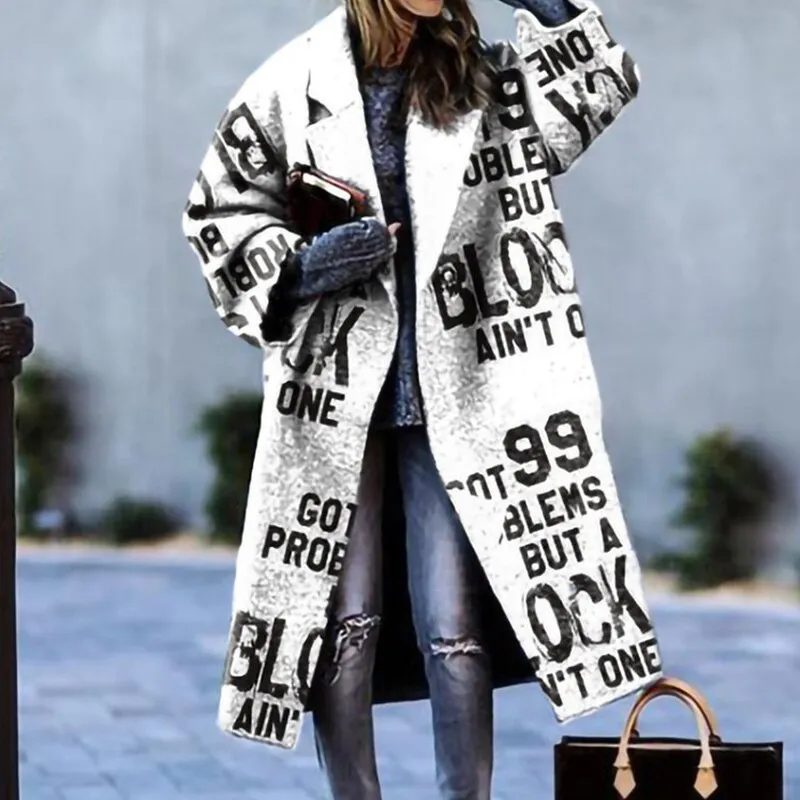 Elegant Lapel Office Lady Outwear Jacket Women Abstract Printed Long Sleeve Overcoat Winter Casual Loose Woolen Coat Streetwear