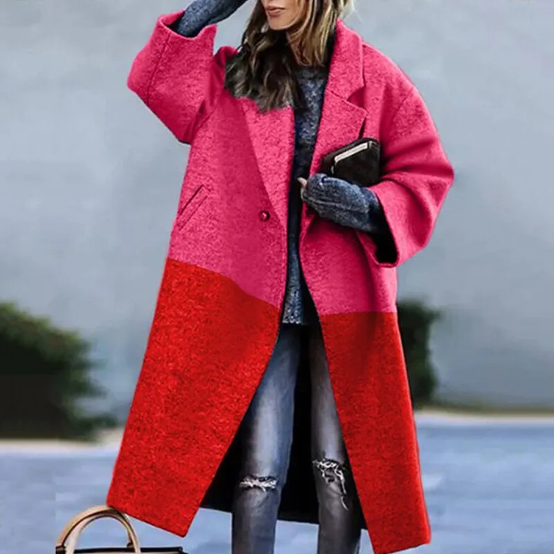 Elegant Lapel Office Lady Outwear Jacket Women Abstract Printed Long Sleeve Overcoat Winter Casual Loose Woolen Coat Streetwear