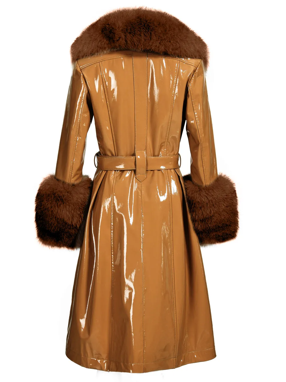 Faux Fur Genuine Patent Leather Coat in Brown