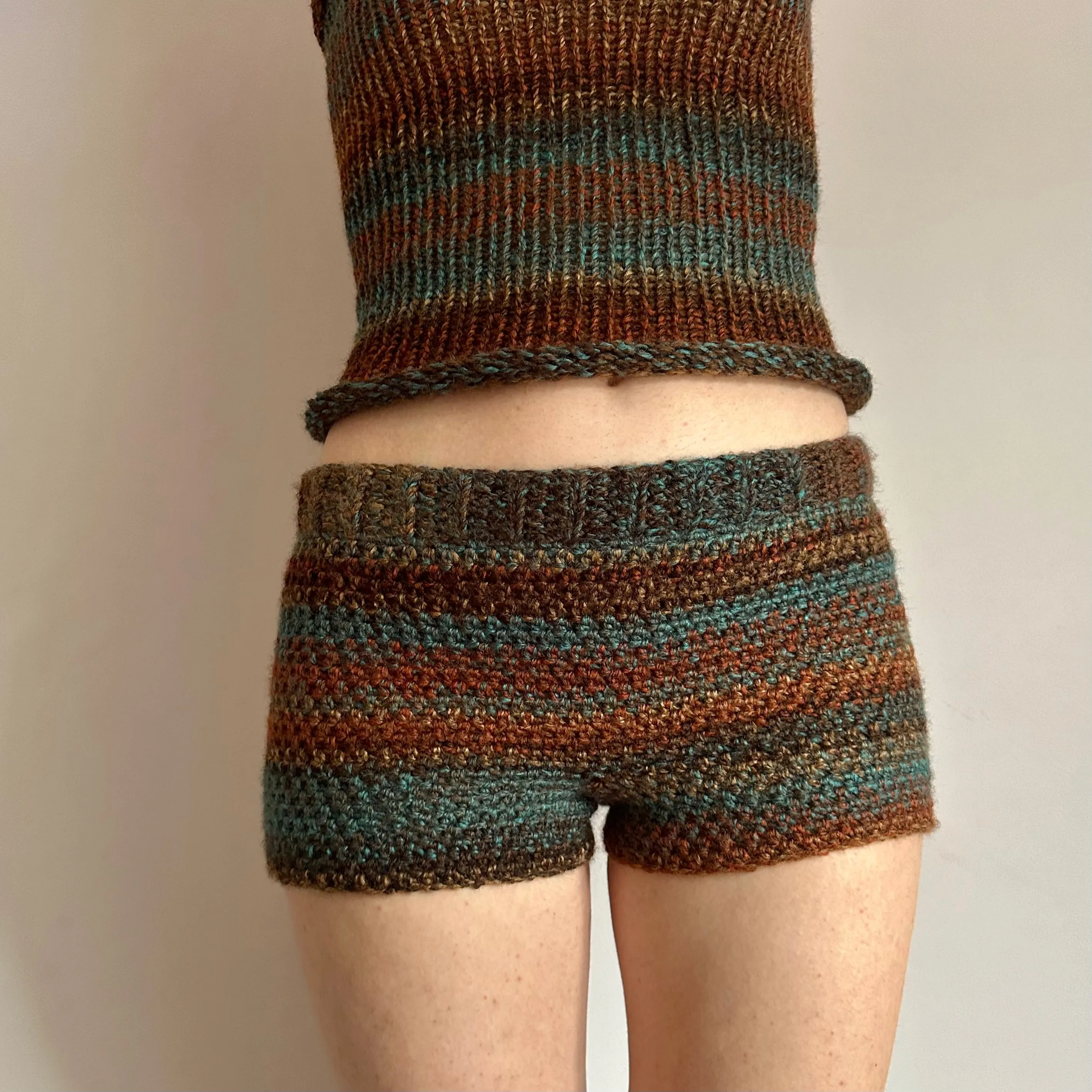 Handmade brown and blue ombré striped crochet shorts