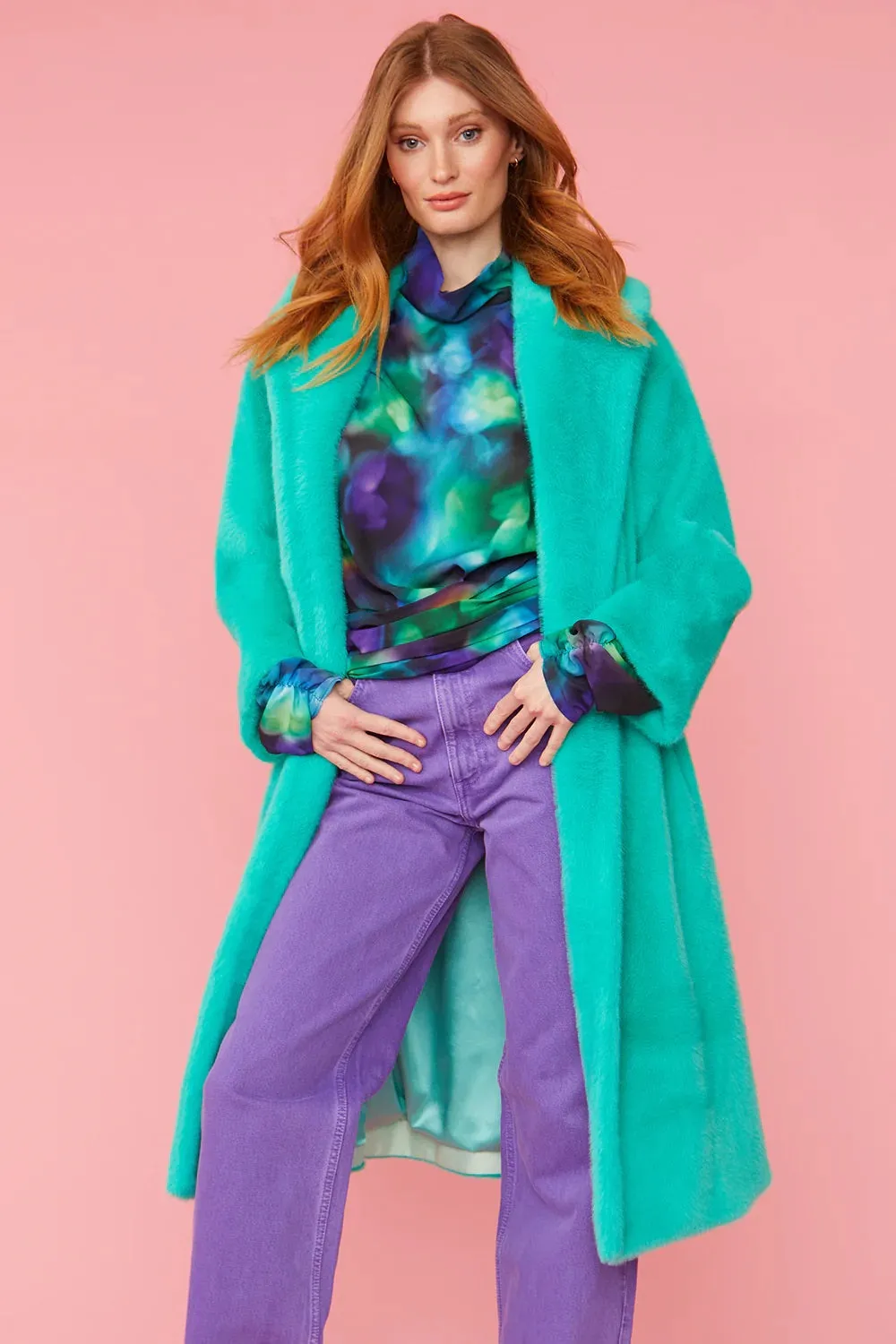 Ladies Turquoise Duchess Faux Fur Midi Coat