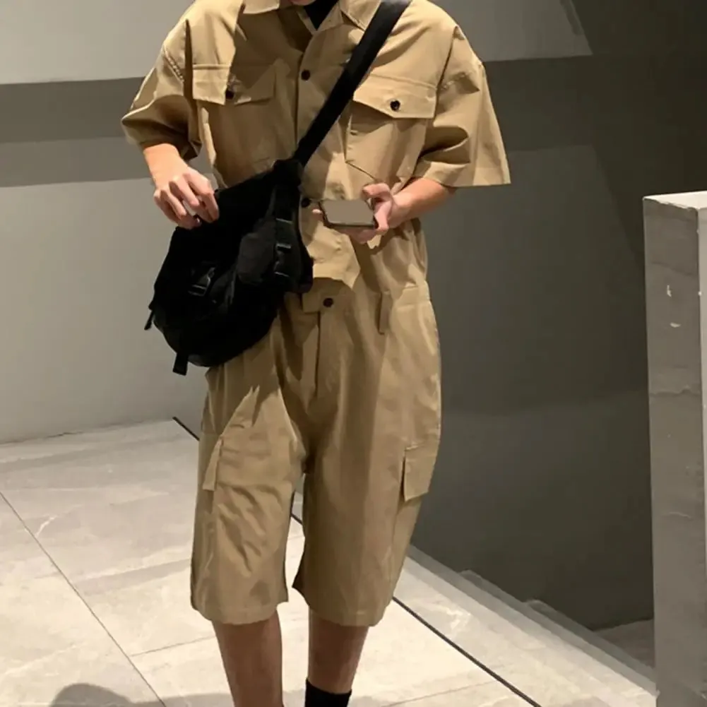 Male Fashion with Leather Belt Bag Men Cargo Overalls Streetwear Korean Rompers Pockets Short Sleeve Button Jumpsuits Women Men