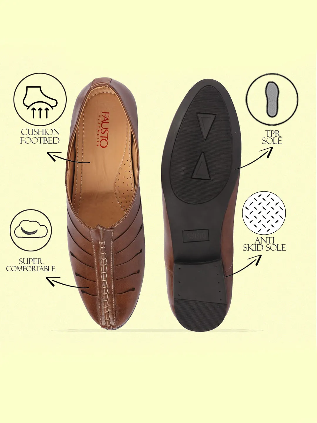 Men Brown Ethnic Wedding Party Laser Cut Design Slip On Juttis and Mojaris