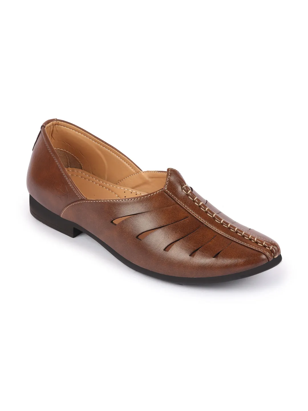 Men Brown Ethnic Wedding Party Laser Cut Design Slip On Juttis and Mojaris