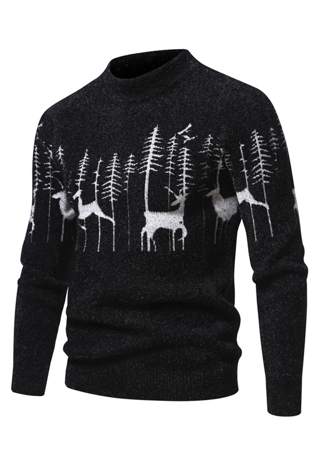 Men's Black Slim-fit Crew Neck Christmas Deer Print Sweater