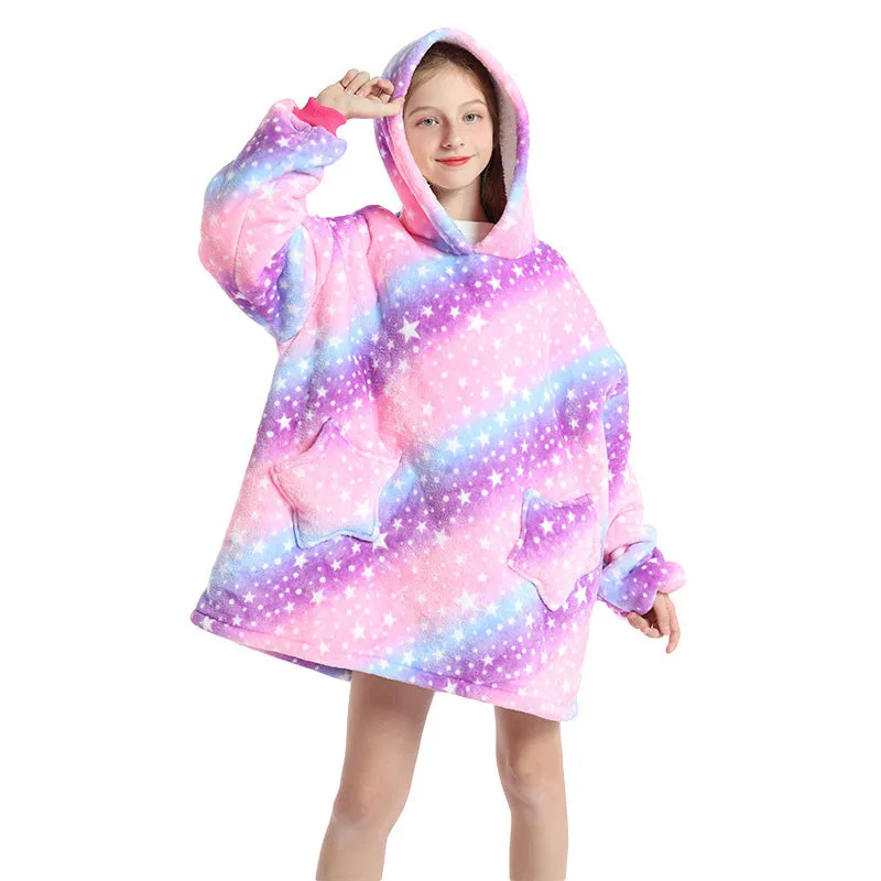 Oversized Blanket Hoodie Wearable Hooded Pullover with Pockets for Kids Aged 5-15