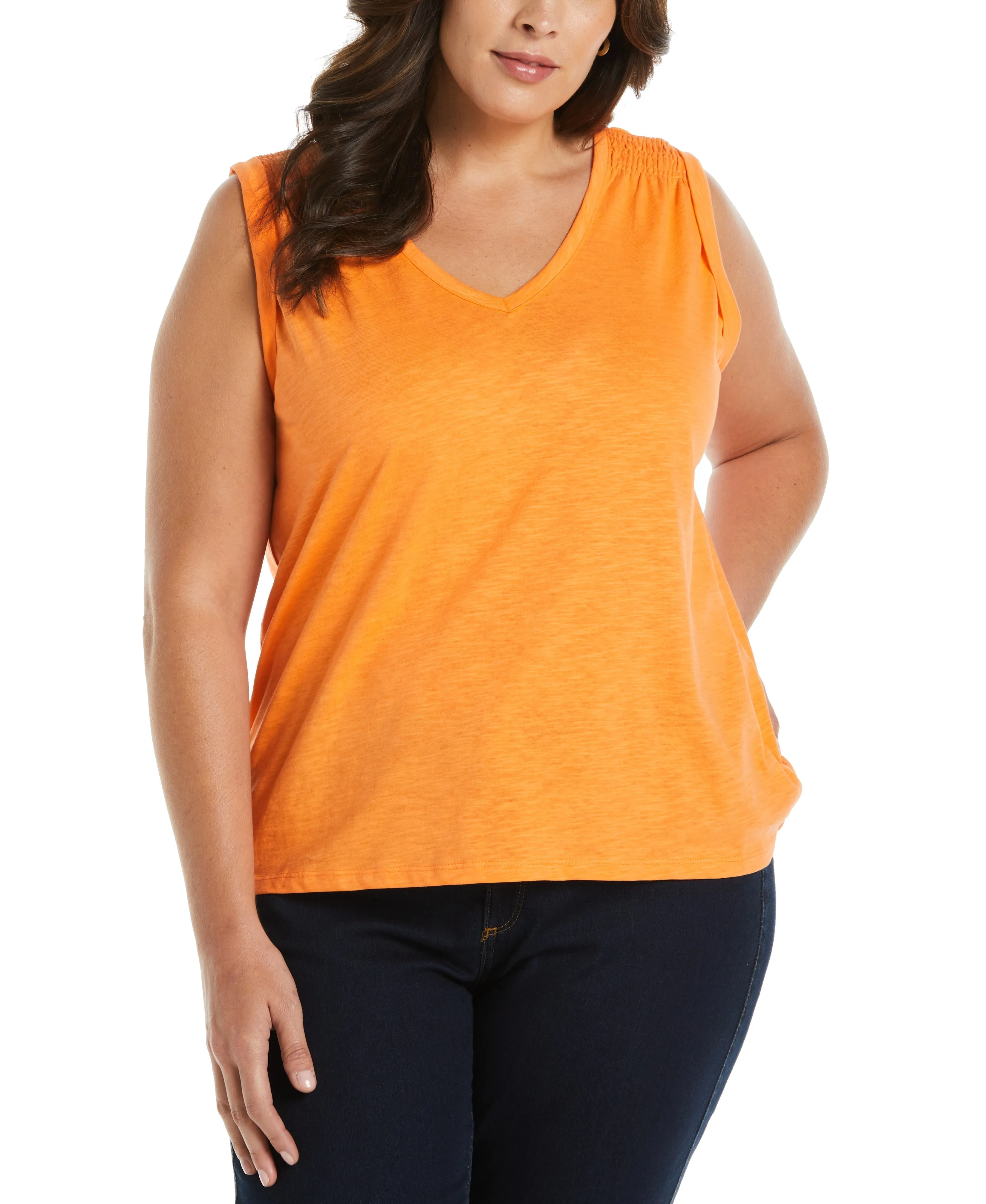 Plus Size Solid Smocked V-neck Top